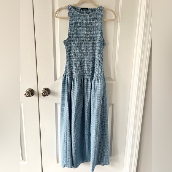 Zara Gingham Sleeveless Drop Waist Midi Dress| Blue & White | Size Medium - Picture 7 of 10